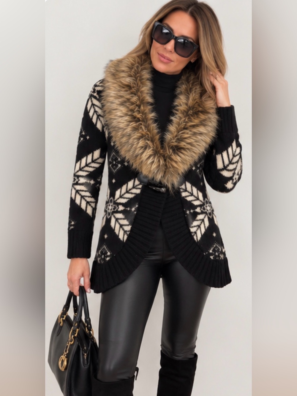 Lauren Ralph Lauren 80% Lambswool Nordic Faux Fur Cardigan Sweater Size L